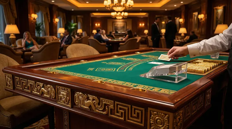 Mesa de bacará elegante con decoración azteca y cartas siendo repartidas