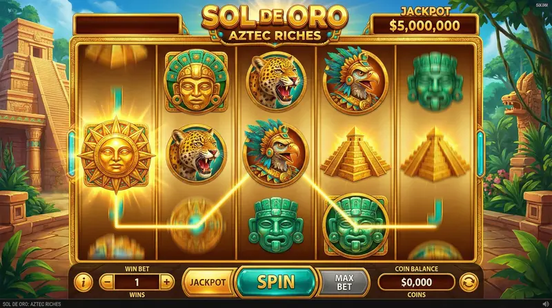 Tragamonedas con temática azteca mostrando símbolos dorados y jackpot